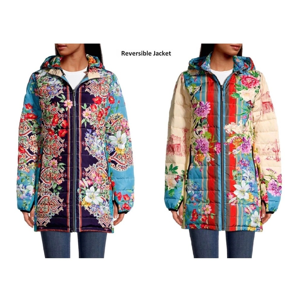 Johnny Was Santa Fe Reversible Down Puffer Coat Large Floral Toile Parka Jacket